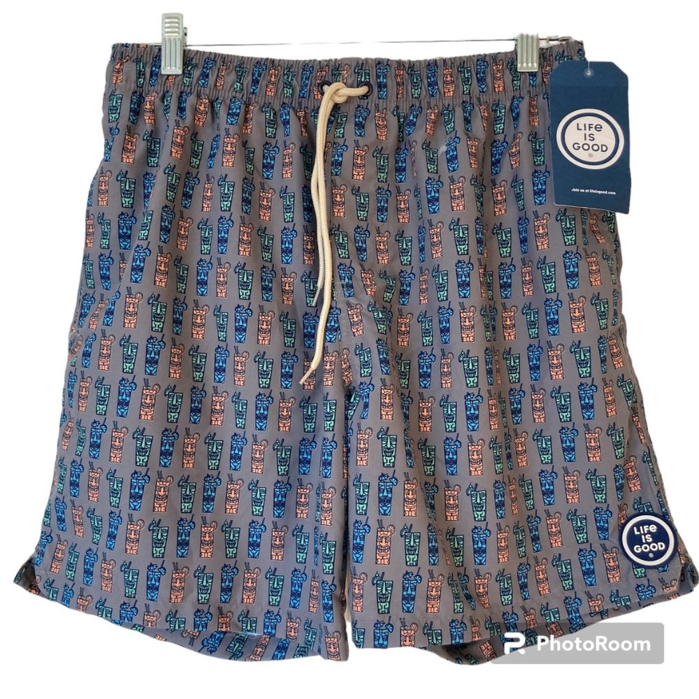 NWT Life Is Good Mens M Blue Gray TIKI Drinks Tropic Swim Shorts Trunks UPF 50+